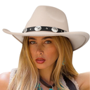 DRESHOW Women Men Classic Felt Wide Brim Western Cowboy & Cowgirl Cap Belt Buckle Retro Panama Hat Unisex Rolled up Caps