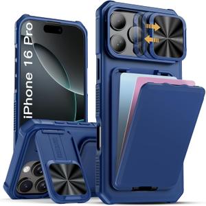 SSLOTSCASE for iPhone 16 Pro Case with Stand & Hidden Card Slot & Sliding Lens Cover [Military-Grade Protection] Heavy Duty Shockproof Wallet Case Cover for iPhone 16 Pro 2024, Blue | with Stand, Hidden Card Slot, Sliding Lens Cover, Heavy Duty, Shockproof