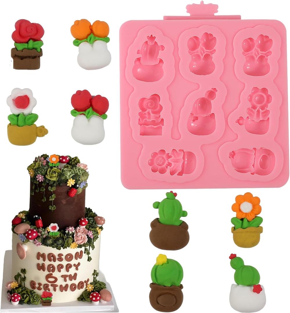 2 x 1 Pcs Mini Cactus Silicone Mold, Cartoon Flower Plant Potted Fondant Mold for Cupcake Topping Candy Chocolate Biscuit Chewing Gum Resin Clay Resin Reusable Kitchen Baking Supplies