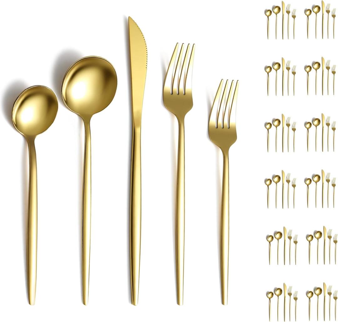 Evanda Gold Silverware Set 60 Piece Service for 12, Titanium Gold Plated Stainless Steel Flatware Set, Knives Forks Spoons Cutlery Set for Wedding, Parties, Birthday, Restauroom, Dishwasher Safe