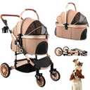 Pet Stroller with 4 Wheels, Foldable Pet Travel Carrier for Small/ Medium Dogs Cats up to 50lbs, Detachble Portable Pet Bag, Storage Basket, Car Seat 3 in 1 Multifunctional (Tan)