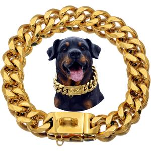 Strong Stainless Steel Gold Dog Collars with Safety Buckle Lock,23MM Cuban Link Chain Training Collar,Dog Necklace Walking Collar for Dogs (Size 16, Gold)