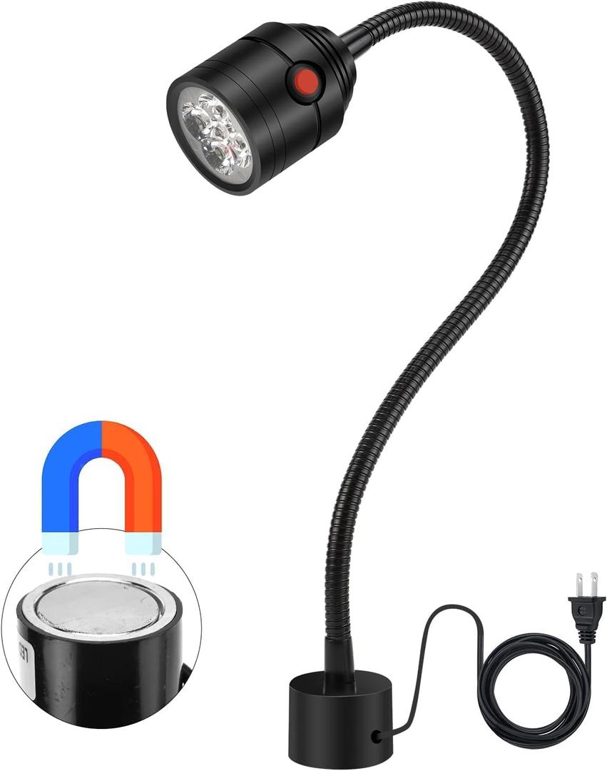 Magnetic Work Light, LED Machine Light with Flexible Gooseneck and Magnetic Base, Shop Tool Lamp for Lathe, Work Bench, Sewing Machine, Grill, Industrial Lighting Black