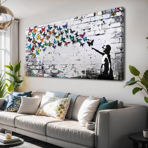 Colorful Graffiti Wall Art Funny Butterfly Paintings Banksy Street Art Mural Pop Art Home Office Wall Decor Framed Canvas Wall Decor for Living Room Ready to Hang -58x28in (Multicolor)