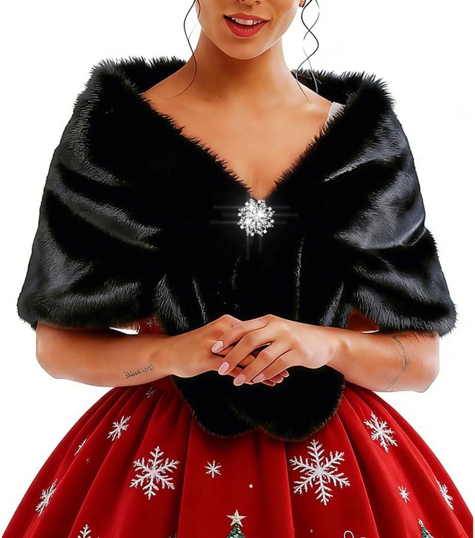Tgirls Women's Wedding Faux Fur Shawl and Wraps Bridal Fur Stole Fur Scarf for Bride and Bridesmaids (Black)