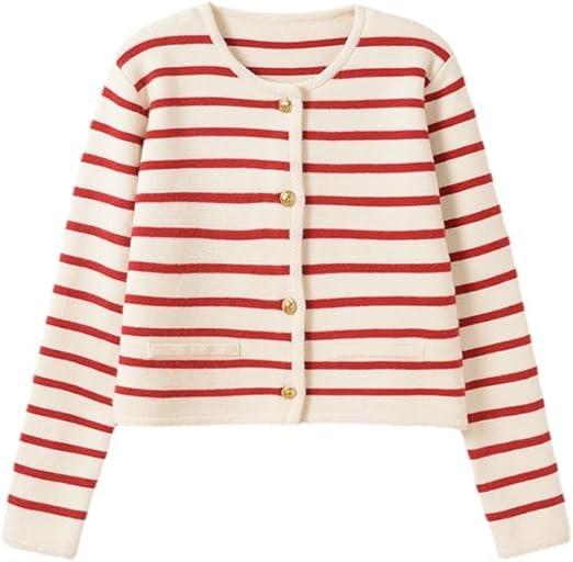Old Money Aesthetic Clothing Y2K Striped Cardigan Sweater Women Trendy Knit Cropped Tops Gyaru Cottagecore Clothes (Red,Small)