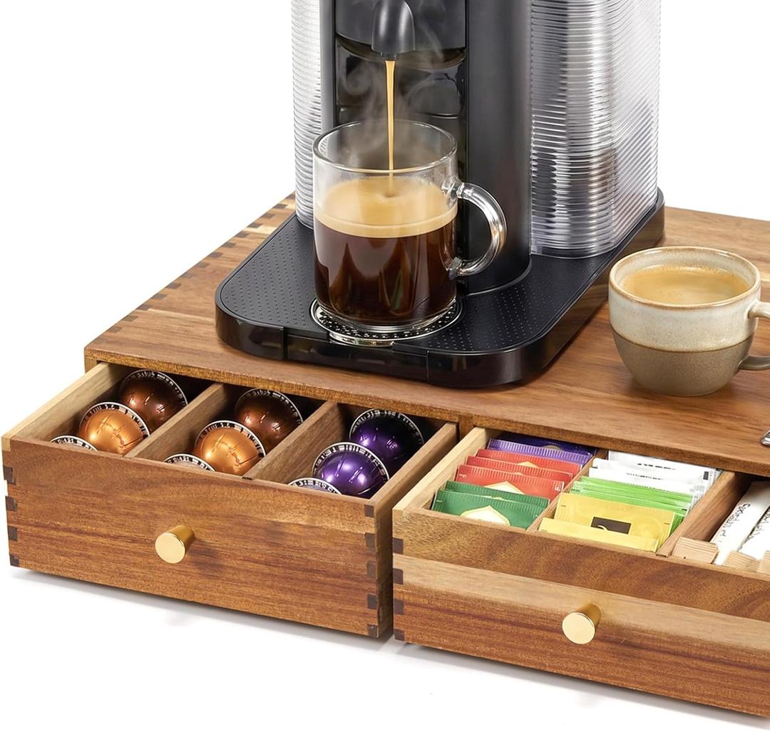 K Cup Organizer Drawer, Acacia Wood Coffee Pod and Tea Bag Storage Box, 2-Drawer Coffee Pod Holder for Countertop Coffee Bar, Under Brewer Coffee Maker Stand, 30 Pod Capacity