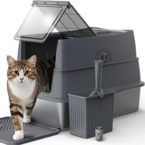 AIPERRO Enclosed Stainless Steel Cat Litter Box with Lid, FILP-Top High Sided Enclosure Metal Litter Boxes with Scoop Set for Big Cats, Non-Sticky, Anti-Leakage, Easy Cleaning,Transparent Grey, Size: X-Large