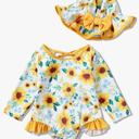 SUNNY PIGGY Baby Girls One Piece Swimsuit Long Sleeve Floral Bathing Suit+Hat 2Pcs 12-18 M
