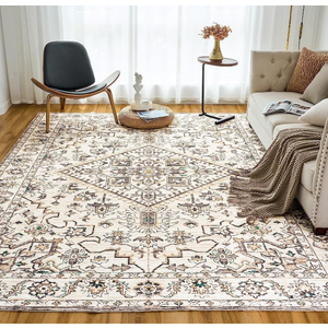 VK·LIVING Area Rugs Machine Washable Rug 9'x 12' Vintage Design Washable Area Rugs with Non Slip Rugs for Living Room Bedroom Traditional Woven Rug Carpet Stain Resistant, Home Decor Office Boho Rug, Beige