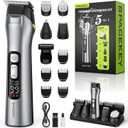 Beard Trimmer for Men, 15 Pieces Mens Grooming Kit, 5 in 1 Stainless Steel Blade Cordless Hair Clippers, 150-Min Long Runtime, IPX7 Waterproof, 3 Speeds Body Hair Trimmer for Nose, Ear, Face, Chest