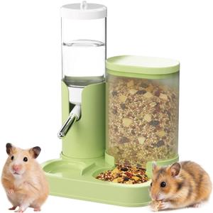 2 in 1 Hamster Water Bottle, Automatic Feeder, No Drip Small Animal Water Dispenser Food Bowl for Syrian Dwarf Hamsters, Gerbils, Mouse, Hedgehog, Hamster Cage Accessories (Green)