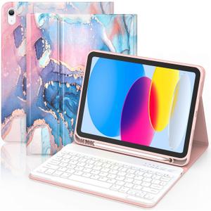 ZXA for iPad (A16) 11th 10th Generation Case with Keyboard - Wireless Detachable Folio Keyboard Cover with Built-in Pencil Holder for iPad (A16) 11th/10th Gen, Marble Blue