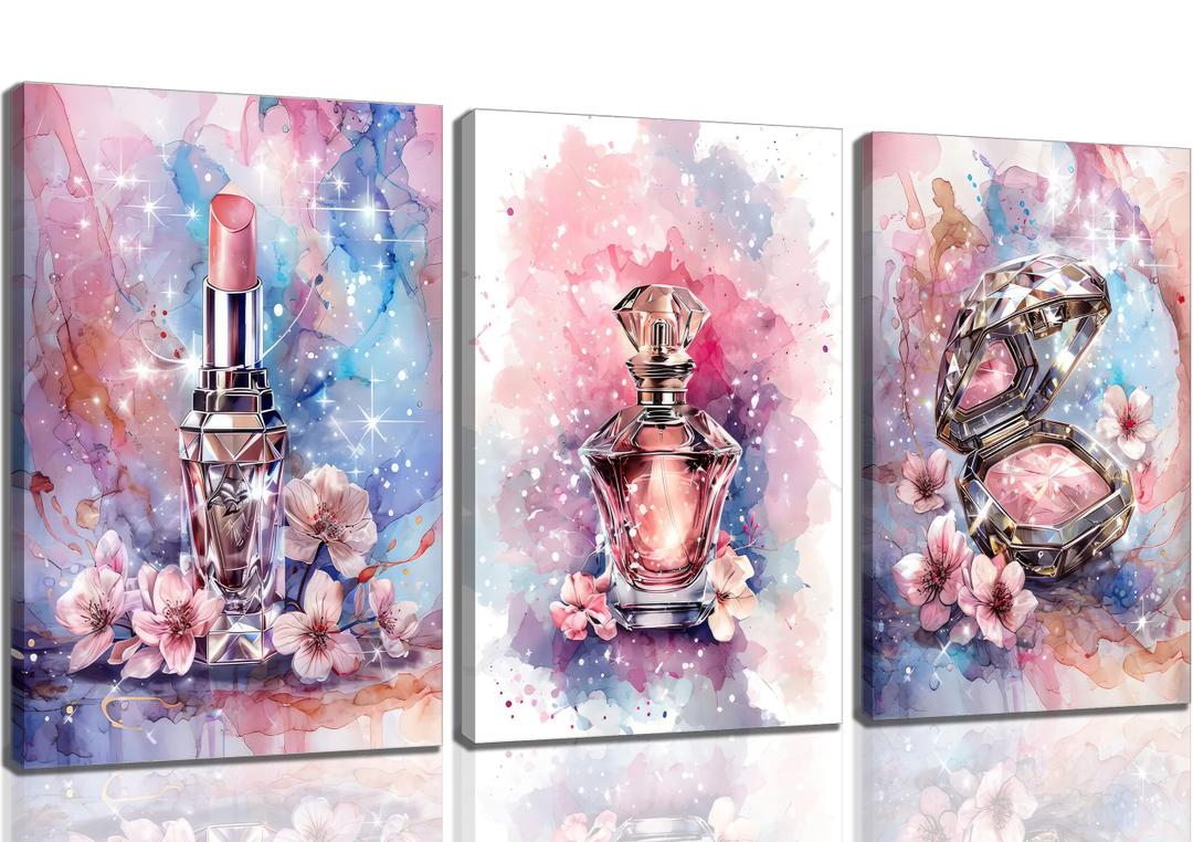 3Pcs Tween Teen Girls Bedroom Wall Art Youth Makeup Room Canvas Posters Pink Trendy Beauty Pictures Wall Decor Perfume Lipstick Cosmetics Prints Painting for Mature Girl Dorm Framed 16x24"
