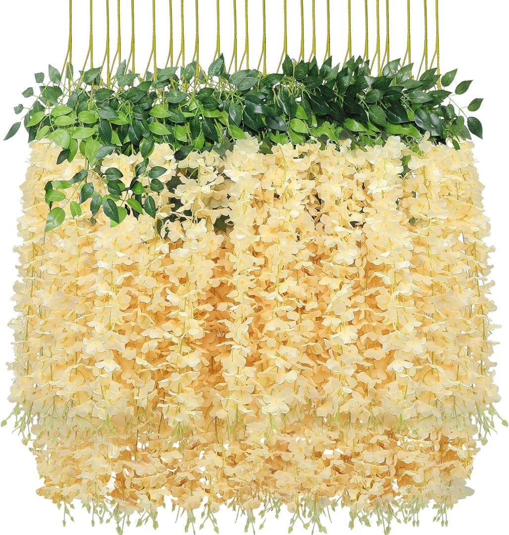 Pauwer Wisteria Hanging Flowers 24 Pack Fake Flower Garland Artificial Wisteria Vines Rattan Silk Flower String Wedding Party Wall Decorations,Champagne