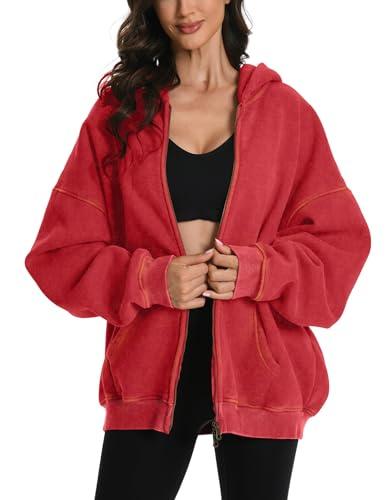 FAIABLE Womens Mens Double Zip Up Hoodie Oversized Acid Wash Heavyweight Hoodies Distress Cotton Fleece Vintage Y2k Full Zipper Couples Sweatshirt Red XL