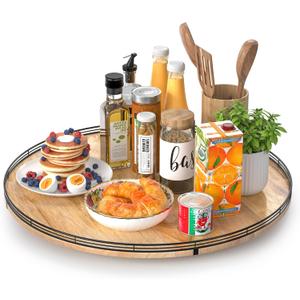 24" Lazy Susan Oak Wood Turntable Organizer for Cabinet, Farmhouse Round Wooden Large Lazy Susan Organization and Storage for Dining Table, Pantry, Kitchen, Countertop, Cupboard, Home Decor