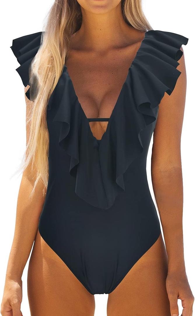 Binlowis Deep V Neck Flounce One Piece Swimsuit Ladies Black Color Plunging Beachwear Bathing Suit (Black#1,XL)