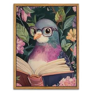 AtterrirArt Framed Funny Animal Wall Art, 12 * 16inch, Quirky Pigeon Reading Book Poster Print, Eclectic Bird Wall Decor, Flower Botanical Canvas Wall Art For Bedroom, Living Room, Ready to Hang