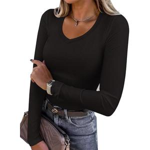 REORIA Womens Long Sleeve Shirts 2025 Fall Trendy Deep V Neck Slim Fit Basic Tops Casual Going Out Top Tee Blouse Size L