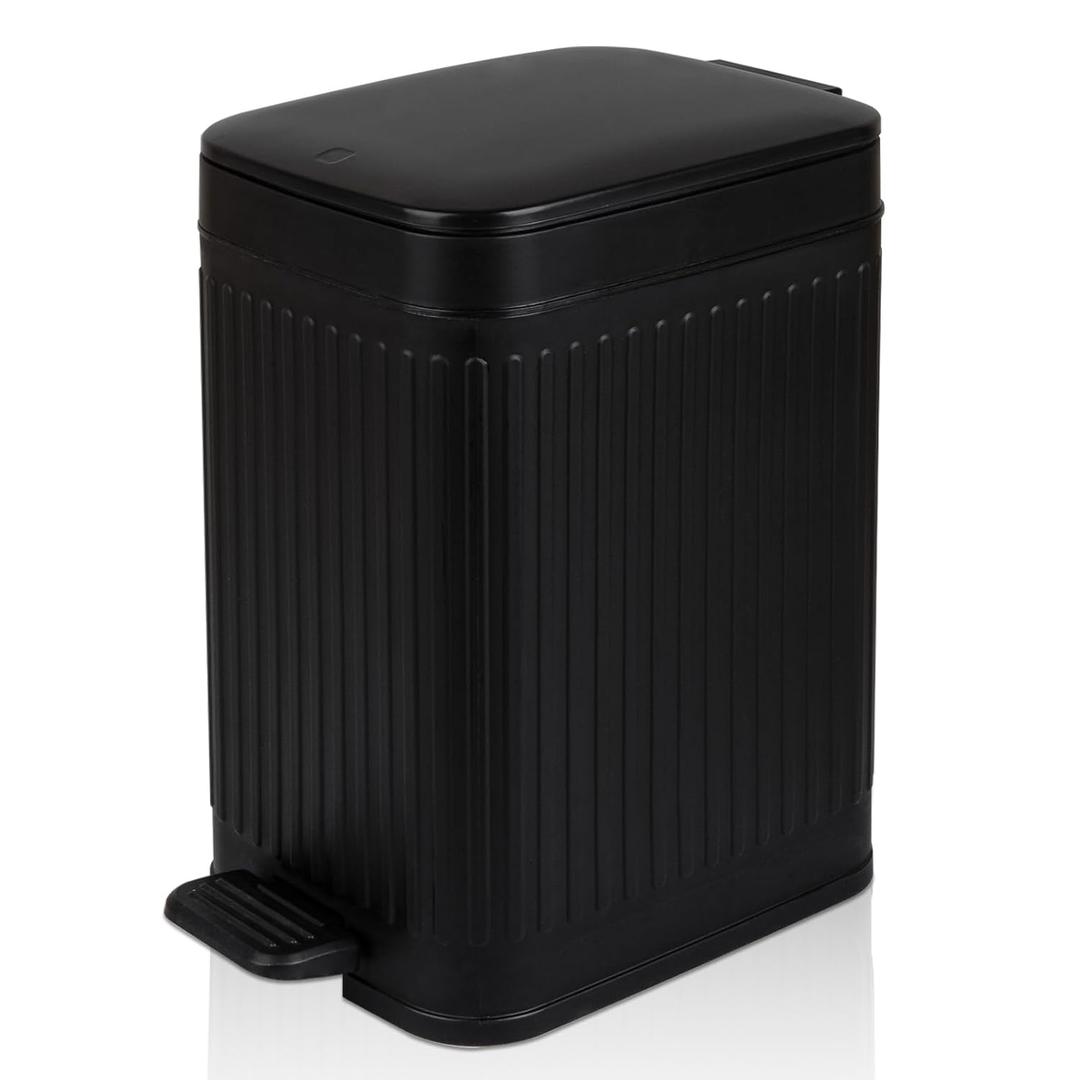 rejomiik Small Bathroom Trash Can with Lid Slim Soft Close Garbage Can Step Wastebasket Container Trash Bin for Office Bedroom Kitchen Living Room (1.9 Gallon Black)