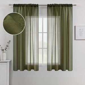 MIULEE Olive Green Linen Textured Sheer Curtains for Kitchen Bedroom, Semi Transparent Voile Farmhouse Window Treatment Dark Green Drapes with Rod Pocket 2 Panels W 54 x L 45 inches Long
