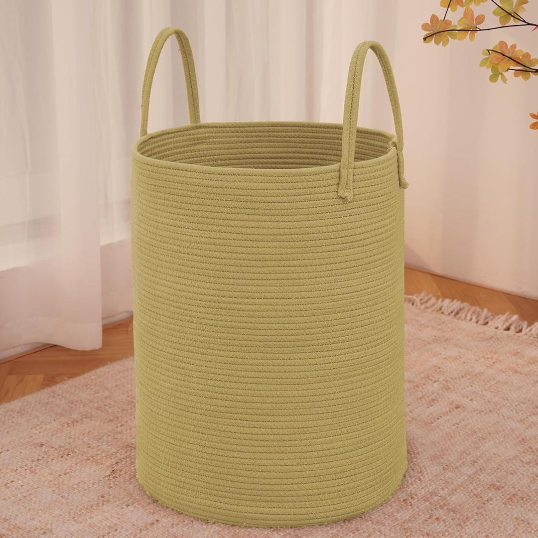 JMvicyroam Large Woven Laundry Basket Hamper,60L Cotton Rope Storage Bin for Blankets,Toys and Clothes,Decorative Tall Nursery Hamper for Living Room,Baby Nursery,Bathroom and Bedroom,Jute