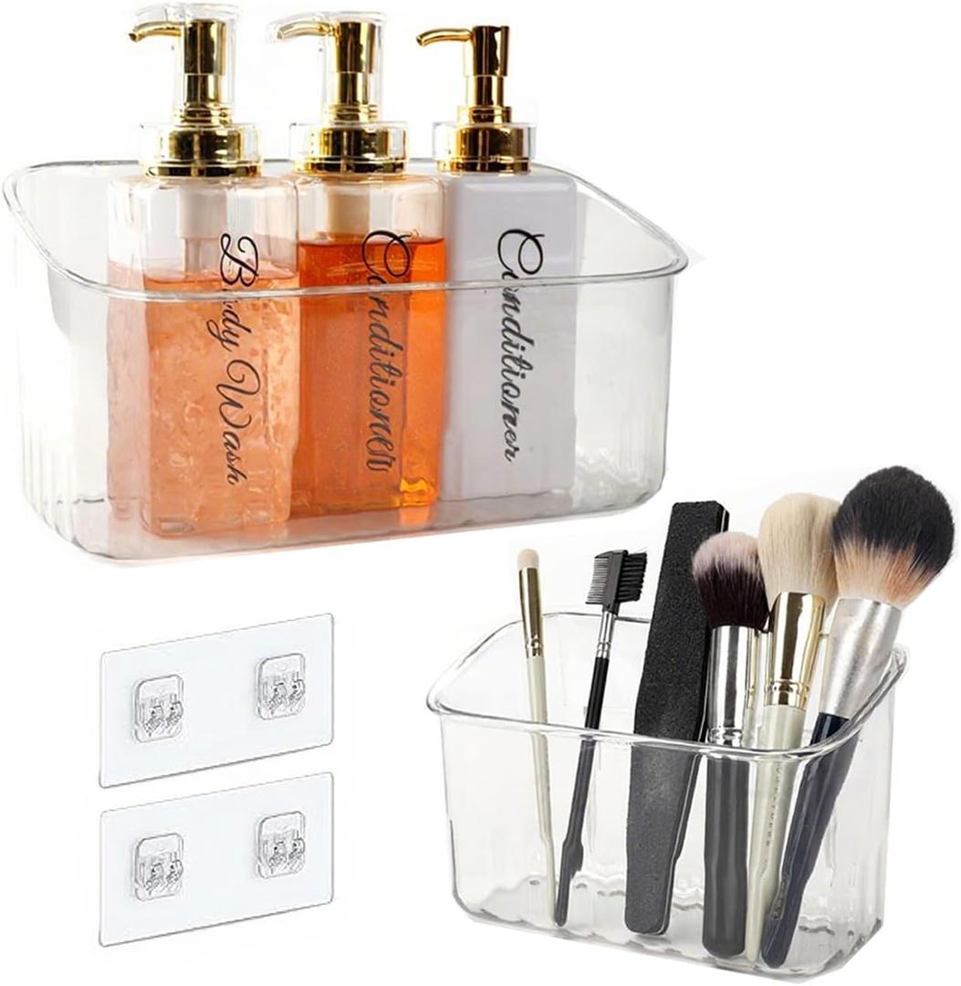 RV Must Haves Camper Must Haves Cabinet Door Organizer - Set of 2 Adhesive Wall Shelves & Shower Caddy for Camper Storage Organization, Space Saving Clear Plastic Organizers for Kitchen Bathroom