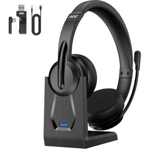 AOC Wireless Headset with Mic for Work, Bluetooth 5.4 Wireless Headset with AI Noise Canceling Mics, USB A/C Dongle, Charging Base & Mic Mute, Wireless Headphones with Mic for Laptop, PC (Black)