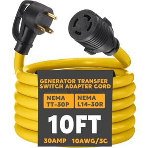Kanayu 10 ft NEMA TT-30P to L14-30R Generator Transfer Switch Adapter Cord, 30 Amp 3 Prong to 4 Prong Generator to House Inlet Box Adapter, STW 10 AWG, ETL Listed