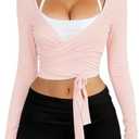 Danysu Ballet Wrap Tops Long Sleeve Cross Tie Crop Shirts Deep V-Neck Dance Clothes Fall Cardigans Blush XL