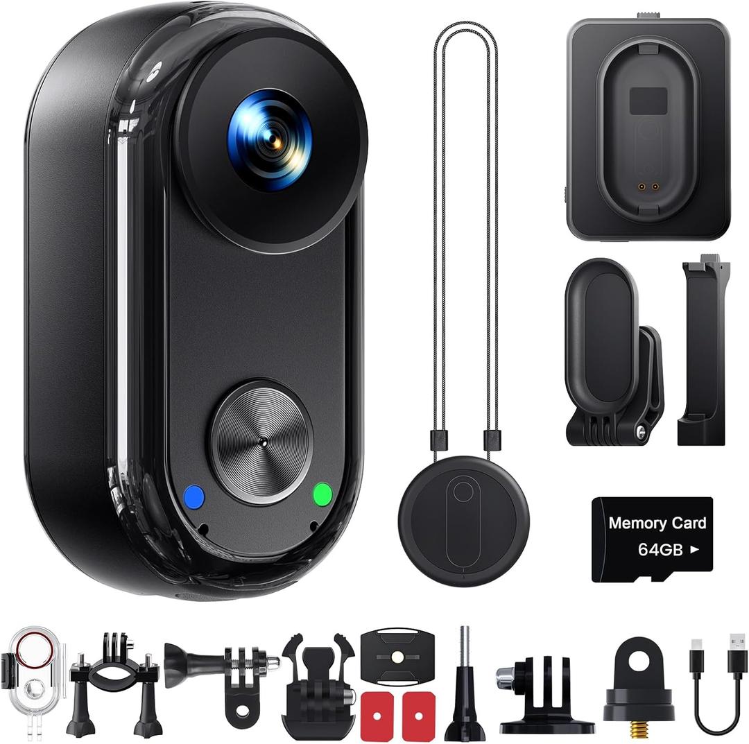 4K 30FPS Vlogging Camera, 64GB Hands-Free POV Camera, 98FT Waterproof Actioncamera with Case, Tiny Sport Cam 6-axis Stabilization, 150 Lightweight Thumb Bodycam 270min runtime, Mount Anywhere