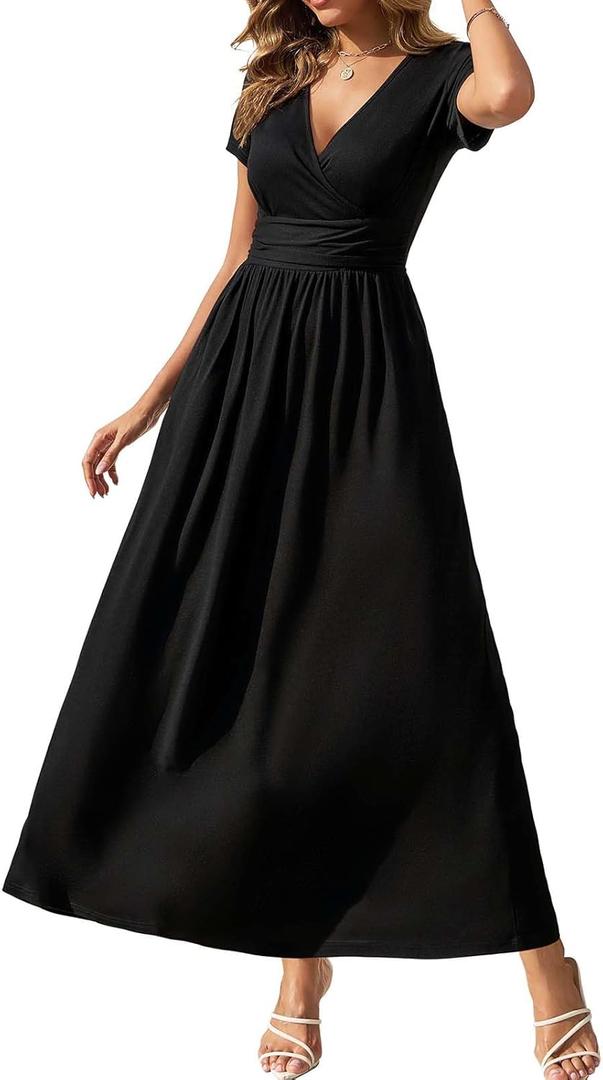 Gracyoga Women's Summer Dresses 2026 Short Sleeve Maxi Dress Casual V Neck Flowy Sundress with Pockets L