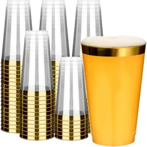 RACETOP 200 Pack 16oz Gold Rimmed Plastic Cups, Heavy Duty Disposable Glasses, Elegant Gold Rimmed Disposable Hard Cups for Party, Thanksgiving, Wine Taesting, Birthday and Christmas.