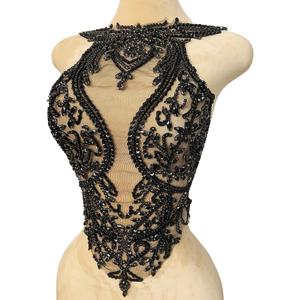 Beaded Appliques Sew on Lace with Crystals Rhinestones for Sewing Clothes Patches Prom Gown Wedding Dress Decorations (Black) 36x60cm
