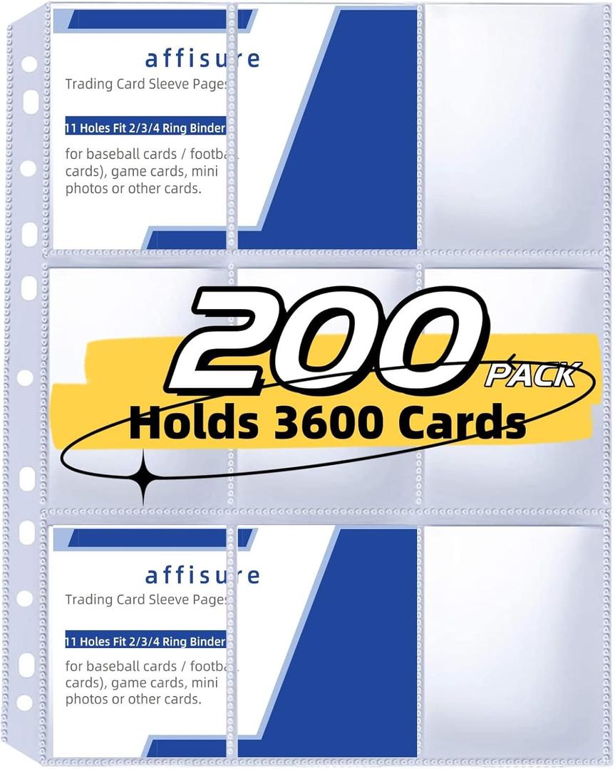 200 Pack 9 Pocket Trading Card Binder Pages, Holds 3600 Cards, Thickened Binder Sleeves, 3 Ring 9 Pocket Sheets for Sports Cards, Coupons Cards