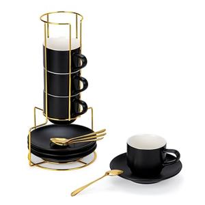 Lareina 8 Ounce Porcelain Cappuccino Cups Set of 4, Stackable Coffee Cups with Saucers, Spoons and Metal Stand -for Specialty Coffee Drinks, Cappuccino, Latte, Americano and Tea, Black