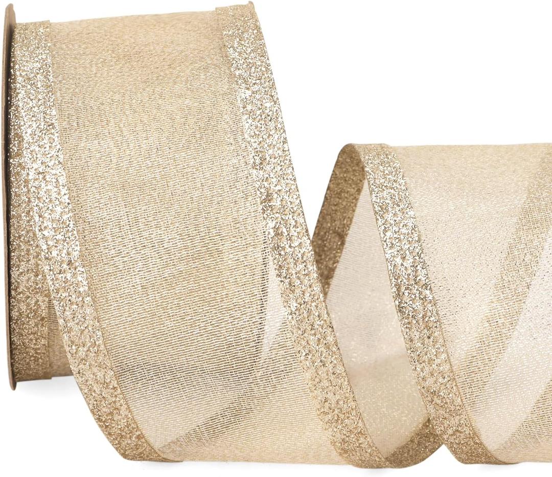 Ribbli Champagne Christmas Wired Ribbon, Metallic Wired Ribbon with Glitter Edge 2-1/2 Inch x 10 Yard for Christmas Tree Decoration, Gift Wrapping, Wreaths Supplies, Swag, Holiday Decor