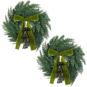 Chuangdi 2 Pcs Small Norfolk Wreath with Cypress Cow Bells and Velvet Ribbon Bow 11.8 Christmas Kitchen Cabinet Mini Wreaths Faux Pine Greenery Winter Wreath for Xmas Table Cabinets Kitchen Windows