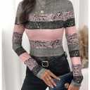 RoseSeek Women's Striped Color Block T Shirts Mock Neck Long Sleeve Elegant Fall Tops Multicolor Large