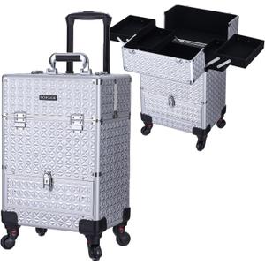 Rolling Makeup Case,Professional Cosmetology Case on Wheels,Large Cosmetic Organizer Train Case,Makeup Travel Case with Draws & Swivel wheels Nail Tech Salon Storage Traveling Cart Trunk,Silver