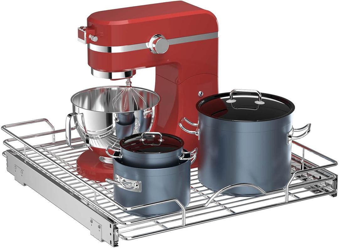 OCG Pull Out Cabinet Organizer (21" W x 21" D), Pull out Shelves 1 Tier, Cabinet Slide Out Shelves for Base Cabinet Organization in Kitchen Bathroom Pantry, Bottom Mount, Chrome Finish