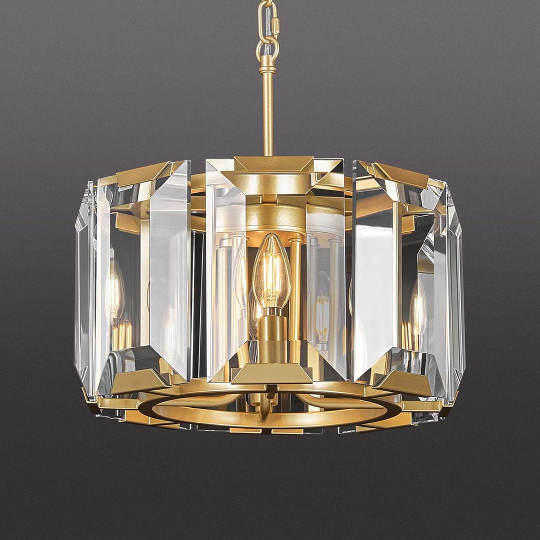 Gold Modern Crystal Chandeliers Round Farmhouse Pendant Light Semi Flush Mount Ceiling Light Fixture for Bedroom Dining Room Kitchen Island Living Room Foyer Hallway(4-Light)
