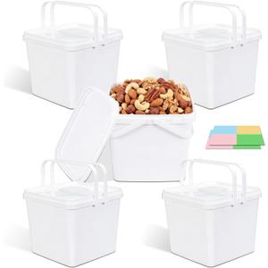 1.3 Gallon 5 Pack Double Handles Square Bucket, Food Grade Plastic Bucket with Lid, White Stackable Food Storage Containers Set for Kitchen Organization,Fruit,Cookies,Dry Goods