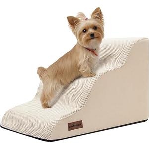 Dog Stairs for Small Dogs 15.7”H,Checked Flocking Fabric, With Cushioning Support Layer,3-Step Dog Steps for Bed, Couch, Sofa and Chair, Non-Slip Balanced Pet Ramp Indoor, Color Beige