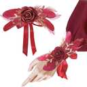 VIJIV Adjustable Feather Wrist Corsage for Weddings Bouquet & Prom Luxury | Elegant Bridal Wristlet Accessory (Burgundy) | Handmade Vintage Design with Ribbon Closure for Bride, Bridesmaid, Homecoming