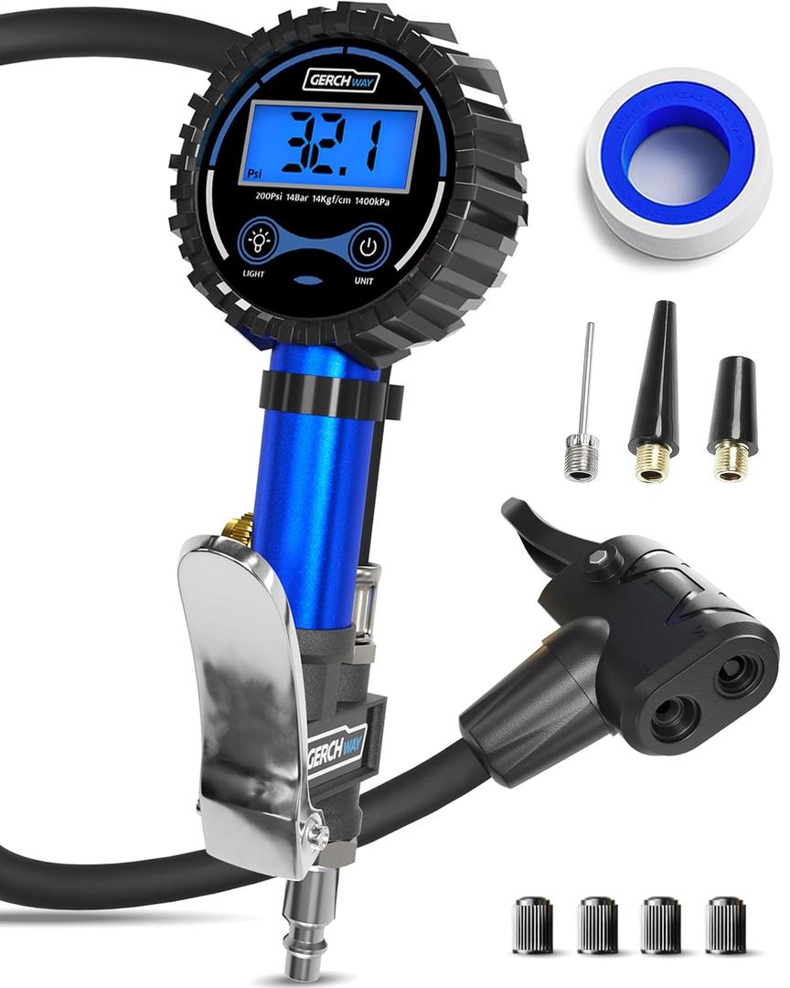 GERCHWAY Presta Valve Air Chuck Digital Bike Tire Inflator with Pressure Gauge Schrader to Presta Valve Adapter for Air Compressor