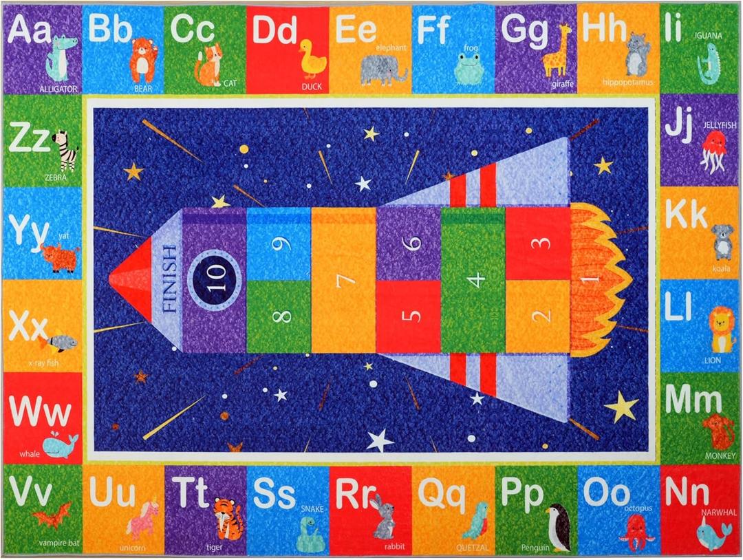 Hudson Comfort Classroom Rug 9x12 - Rugs for Elementary, Daycare, Nursery, and Playroom - Super Soft Non-Slip Carpet - Kids Fun Floor Mat for Playtime (Rocket)