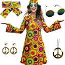 70s Hippie Dress Costumes Necklace Earrings Sunglass Women Disco Outfit, 60s Party Costume, Halloween Retro Dresses (XX-Large)