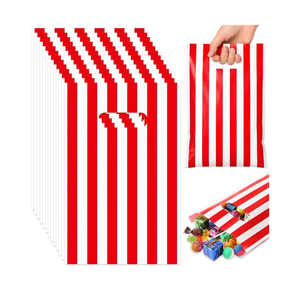 GliCraft 100 Pcs Red and White Striped Gift Bags with Handle 9.84''x 6.5'' Plastic Treat Bags Wedding Party Favors for Graduation Racing Car Birthday Mother's Day Gifts Wrapping Supplies Decoration